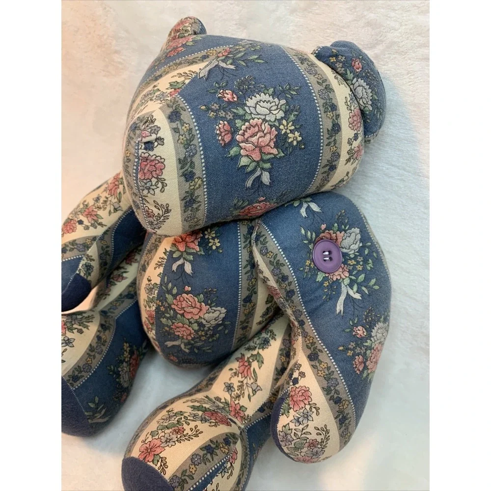 Vintage Patchwork Teddy Bear Stuffed Plush Floral Jointed Poseable Quilt Button - Picture 5 of 12